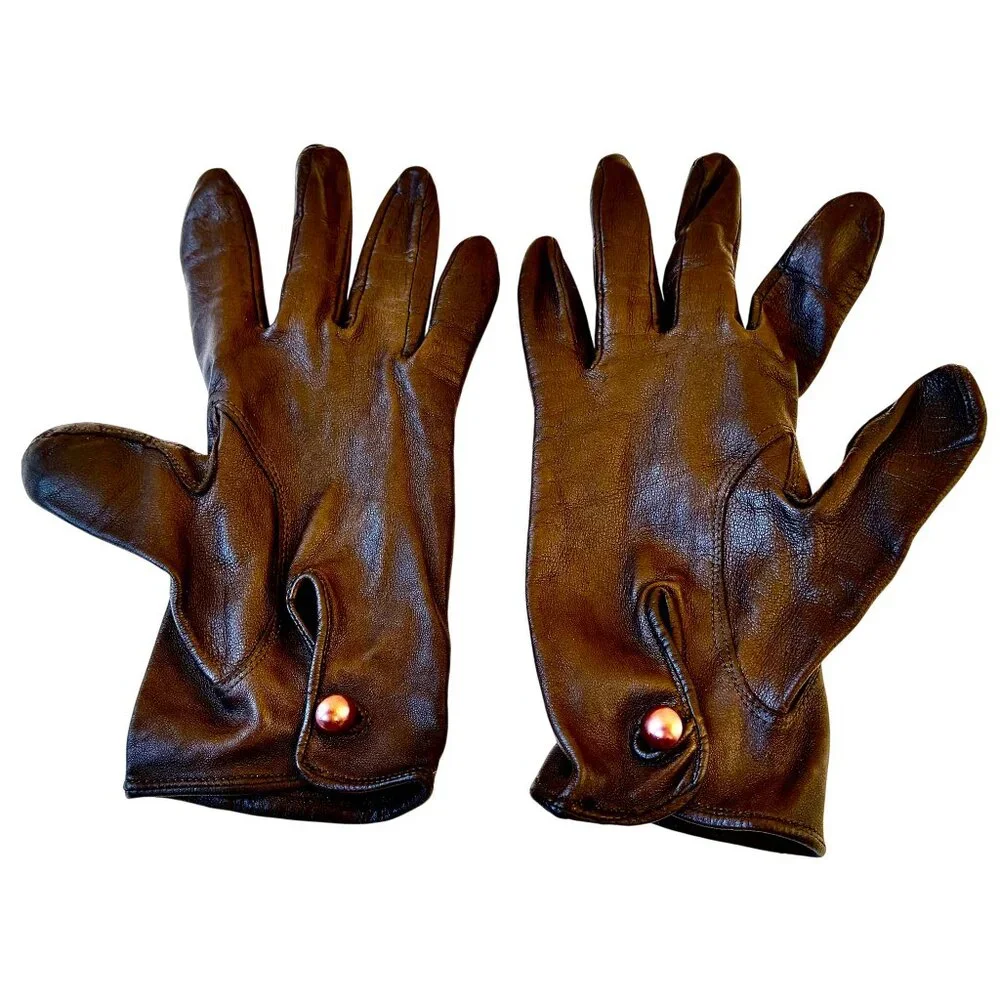 Vintage Brown Leather Gloves Unlined Button Wrist WASHABLE Womens 7.5